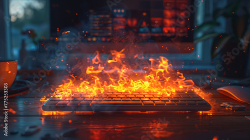 Burning computer keyboard at night