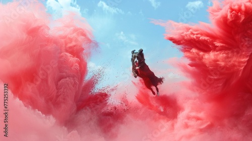  A dynamic shot capturing a Border Collie jumping energetically amidst swirling clouds of fiery red powder, creating a striking contrast against a clear blue sky
 photo
