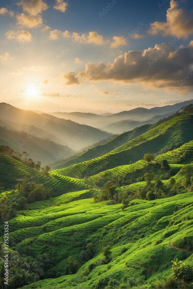 Sun Over Green Hills and Coffee Plantations