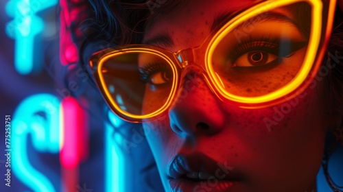 Woman with glowing neon glasses