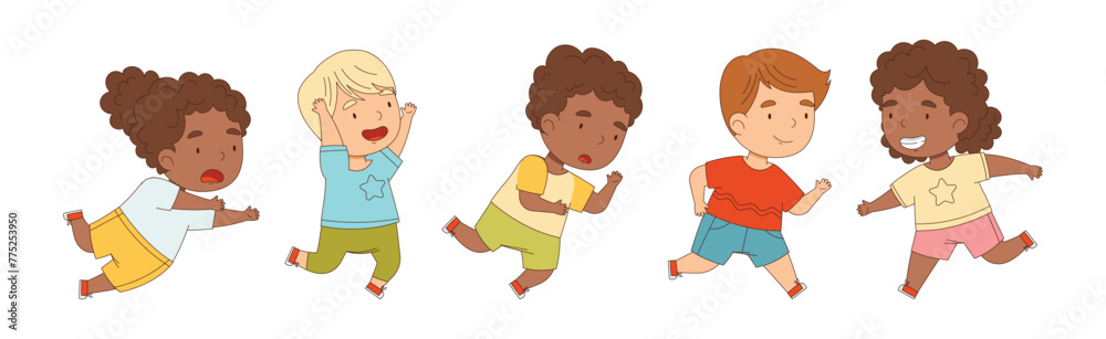 Happy Kid Running Rush Forward and Hurry Vector Set Happy Kid Running Rush Forward and Hurry Vector Set