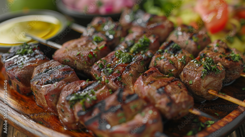 Grilled meat skewers on a plate