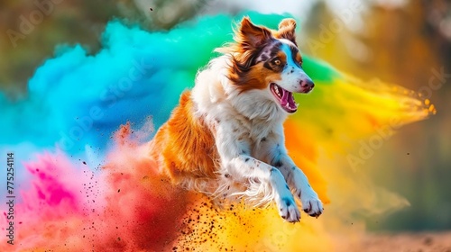  Frozen in mid-air, a Border Collie jumps through a vibrant rainbow of powder, each color vividly captured against the backdrop of a sun-kissed mountain range  © Vision Graphics