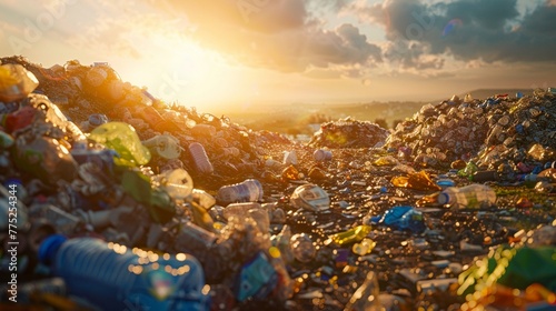  Sunlight filtering through towering mounds of recyclables, illuminating the path to sustainability and resourcefulness
 photo