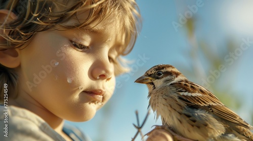  Tears glisten in the eyes of a young boy as he gently holds a dead bird, its feathers ruffled by a soft breeze under a clear blue sky photo