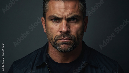 Close-up portrait of an angry middle-aged man standing against a dark background.