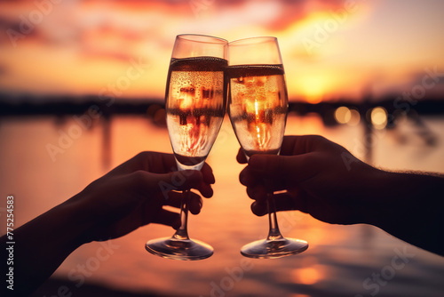 two people caucasian an African American hands toasting champagne glasses for valentine with a light and sparklers background, a celebration or engagement concept 