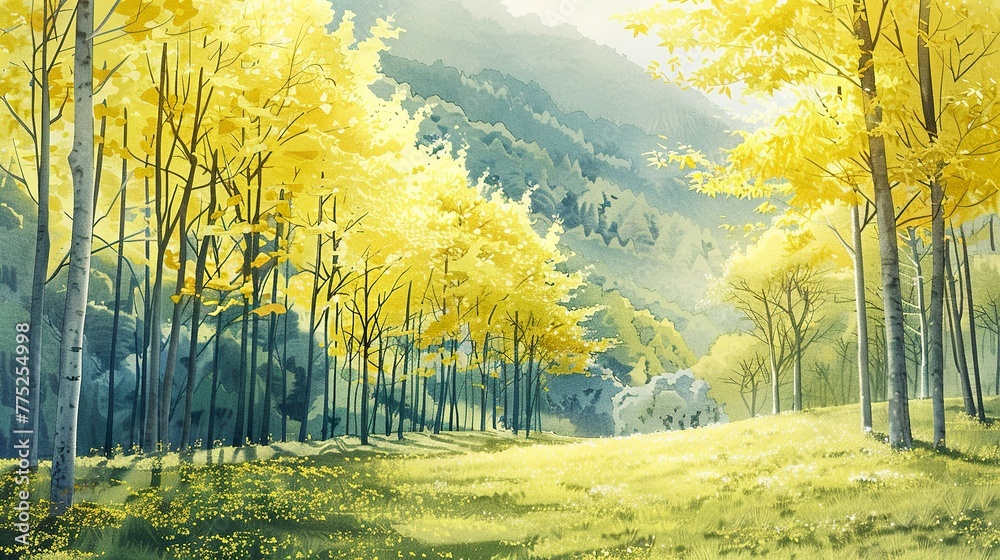 In the spring of southern China, there is an endless forest full of yellow thin trees with flowers- - obrazy, fototapety, plakaty 