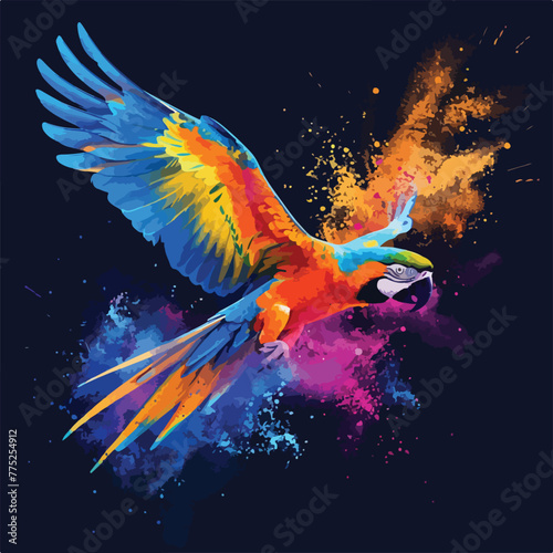 Flying Ara parrot over colourful powder explosion