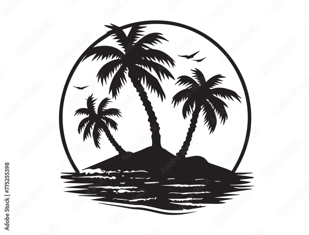 Summer illustration, palm tree, sea, sun, hand drawn style
