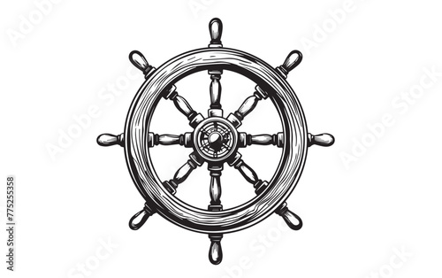  Illustration of retro ship steering wheel, Hand drawn style photo