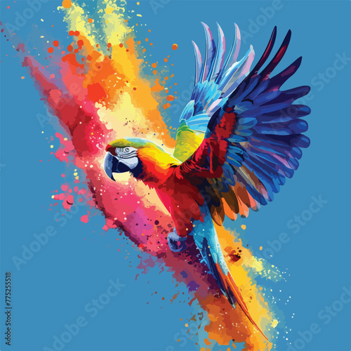 Flying Ara parrot over colourful powder explosion