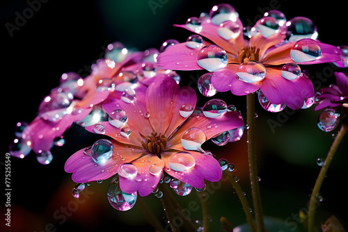 Experience the magic of nature's beauty with a stunning macro photograph of a flower adorned with delicate dew drops.  Generative AI,
