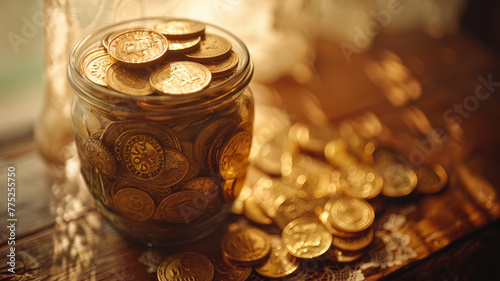 Glass jar filled with coins.