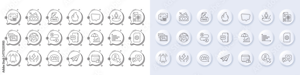 Money calculator, Emergency call and Safe energy line icons. White pin 3d buttons, chat bubbles icons. Pack of File management, Notification bell, Photo album icon. Vector