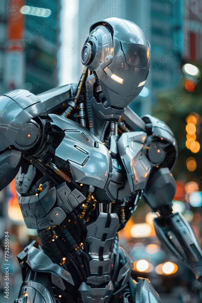 Close up of a robot on a busy city street. Great for technology or urban themes Close up of a robot on a busy city street. Great for technology or urban themes