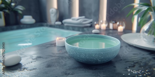 Spa salon with a stone table on which stands a blue bowl of water, surrounded by candles, towels and decorative plants. photo