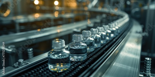 Bottles of water moving on a conveyor belt, suitable for manufacturing or production concept
