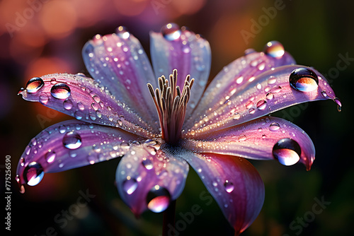 Marvel at the exquisite elegance of a flower adorned with shimmering dew drops, brought to life through the artistry of macr Generative AI, photo