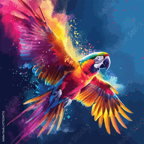 Flying Ara parrot over colourful powder explosion