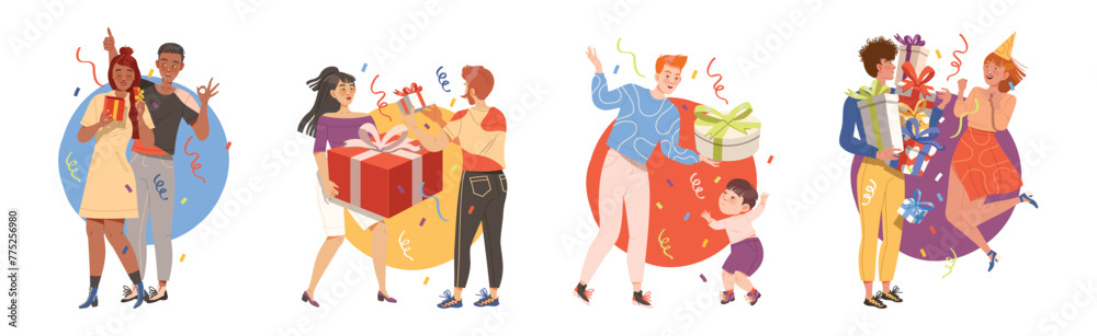 Gift Exchange with People Character Give and Receiving Present Box Vector Set Gift Exchange with People Character Give and Receiving Present Box Vector Set
