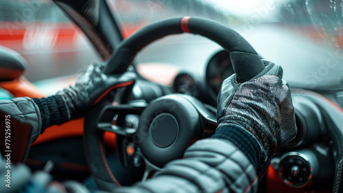 Hands on a car's steering wheel. photo