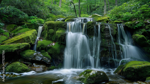 Mossy waterfall in dense green forest  serene flowing waters