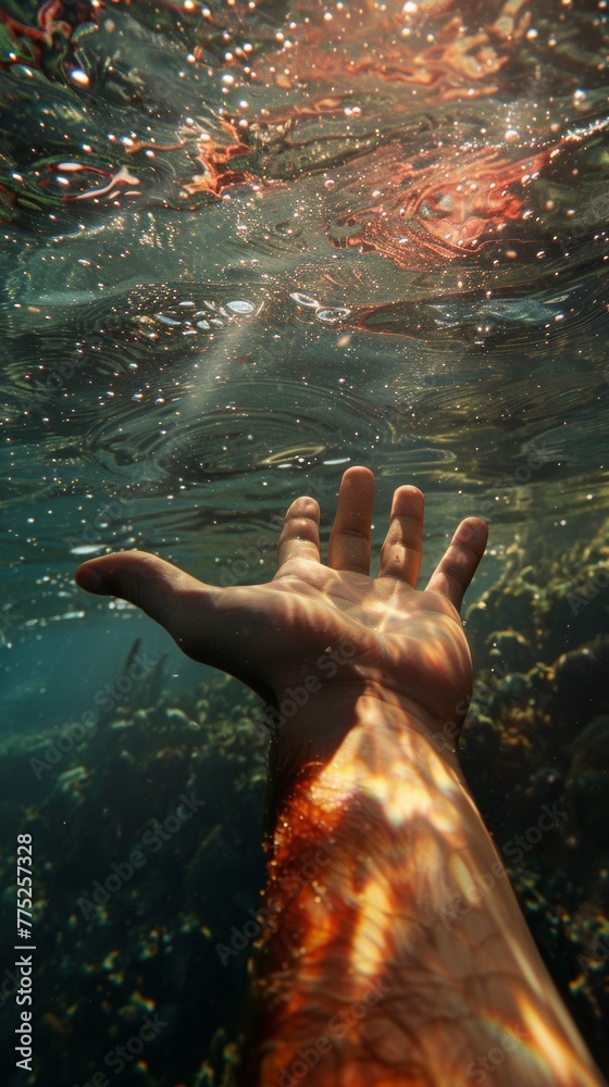 Fototapeta premium Underwater perspective of a human hand reaching to the surface