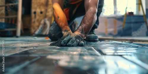 A man is seen working on a tile floor. Suitable for construction or renovation concepts