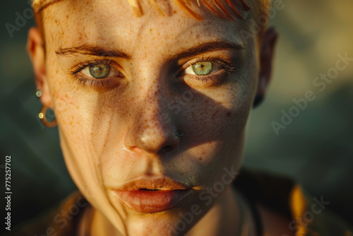Close-up of woman with freckles  piercing green eyes  short hair  intense gaze  natural light  shadow play