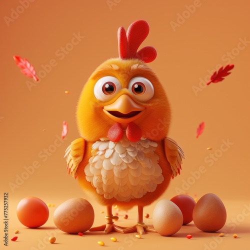 3D illustration of a cheerful yellow chicken with eggs on an orange background.