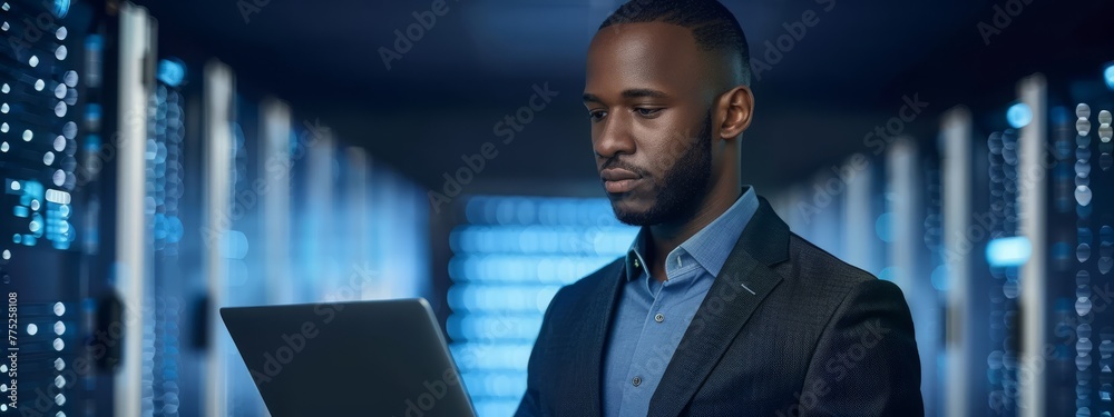 Fototapeta premium Serious African American man with laptop stands in the server room. Collection and storage of large amounts of data. Checks the operation of servers and automation.