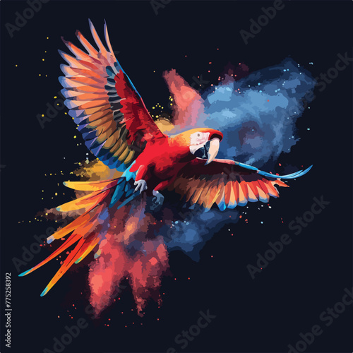 Flying Ara parrot over colourful powder explosion