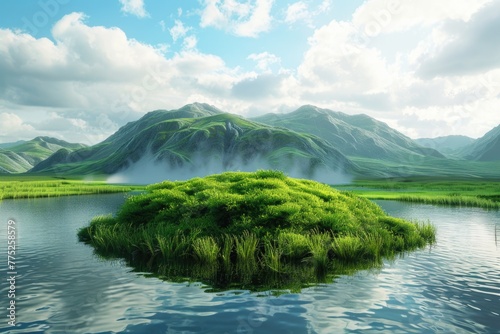 A serene view of a small island in the middle of a lake. Perfect for nature or travel concepts