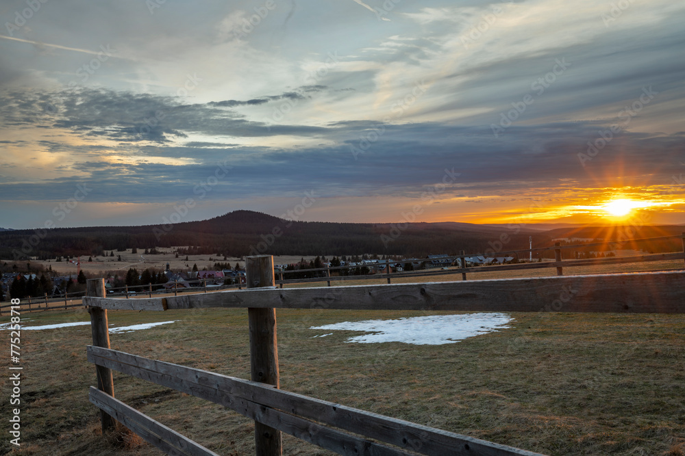 Landscape with pasture land in color evening near Bozi Dar town in evening