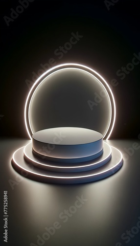 3d empty rounded podium illuminated by a neon glow. 3d stage for product display. an abstract platform for product presentation. podium for advertisement. tech products mockup. empty studio room