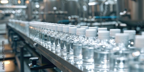 Conveyor belt filled with bottles of water. Ideal for illustrating manufacturing processes
