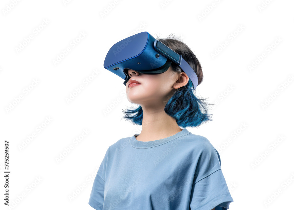 Side view photo of a young Asian woman wearing a VR device with blue hair and clothes, isolated white background Side view photo of a young Asian woman wearing a VR device with blue hair and clothes, isolated white background