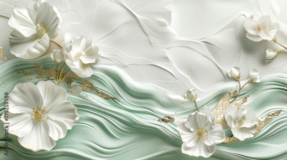 A soothing blend of light green and white in a luxurious 3D design, enhanced by subtle golden textures for an elegant look