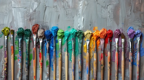 A row of paintbrushes, tips dipped in a spectrum of colors, against an artistic wooden canvas photo