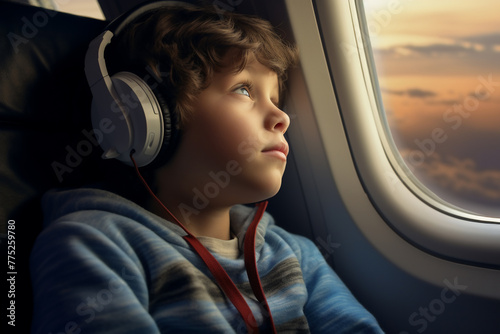 A gorgeous Caucasianchild man sitting in an airplane next to the window while listening to music with headphones, with a cloudy sky visible through the airplane window, a frontal angle  © pangamedia