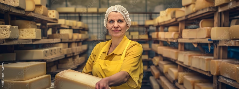 cheese making factory milk product food industry concept, female woman standing in cheese factory as cheese technician specialist milk product production craft person