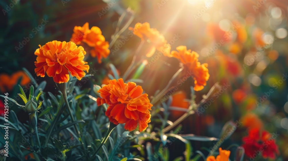 A beautiful field of orange flowers with the sun shining in the background. Perfect for nature and outdoor-themed designs A beautiful field of orange flowers with the sun shining in the background. Perfect for nature and outdoor-themed designs