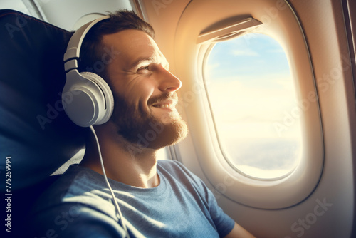 A gorgeous childCaucasian man sitting in an airplane next to the window while listening to music with headphones, with a sunny sky visible through the airplane window, a frontal angle  © pangamedia