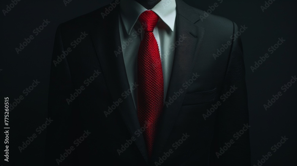 A nondescript male figure, attire complete with a suit and a bold red tie, stands isolated in a black void, capturing a blend of elegance and enigma