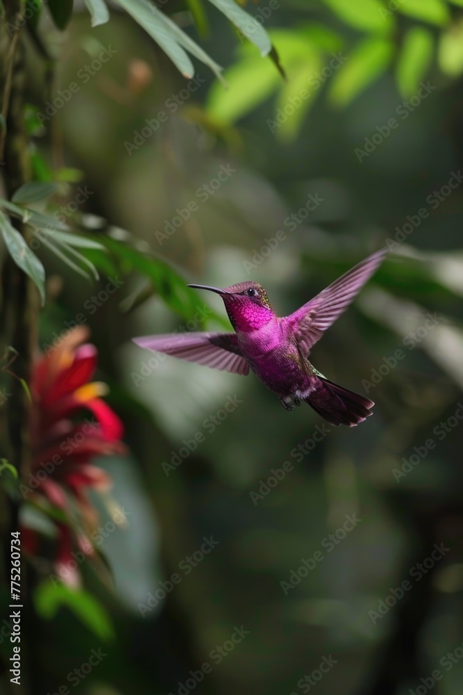 Obraz premium A beautiful hummingbird in flight near a colorful flower. Ideal for nature and wildlife themes