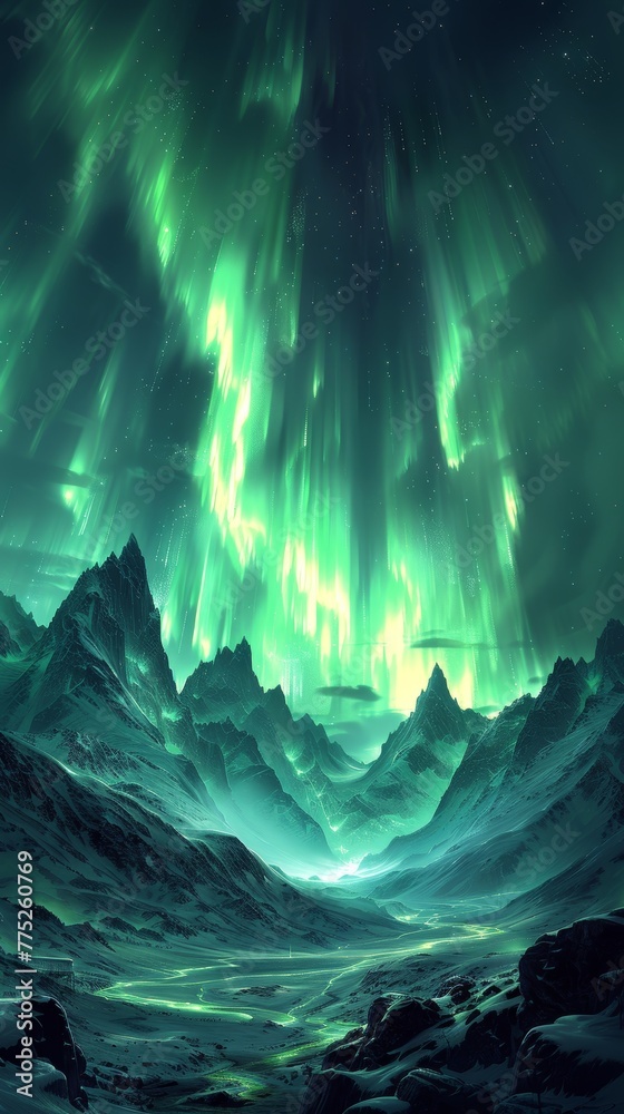 Magical Green Aurora Borealis in Fantasy Landscape Generative AI