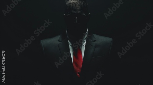 A shadowy outline of a man without a face, donning a classic suit and red tie, set against a pitch-black background, highlighting the formality and mystery of the character photo