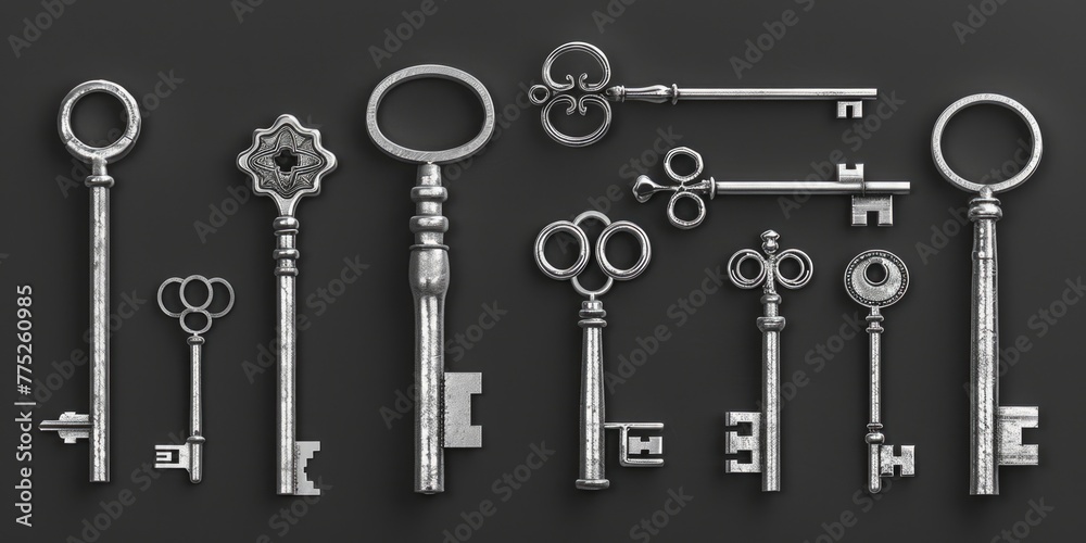 Collection of old keys on a table, suitable for vintage or antique themes - obrazy, fototapety, plakaty 