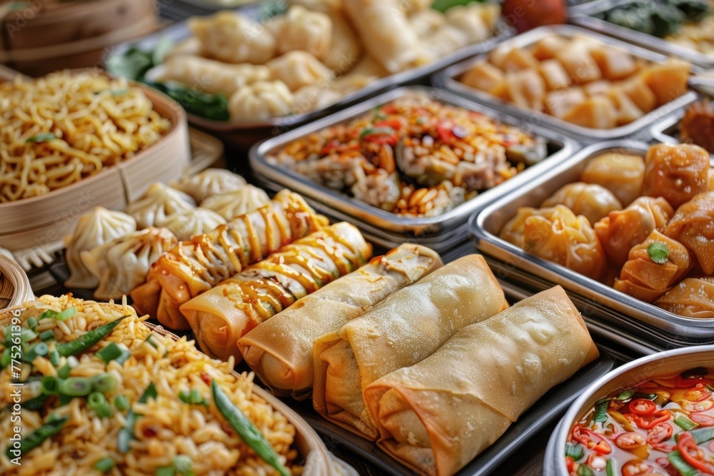 Various Asian dishes displayed on a table, perfect for food bloggers or restaurant menus